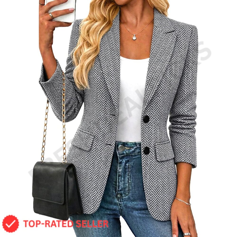 Herringbone Tweed Blazer Slim Fit Notched Lapel Pockets Lined Work Office